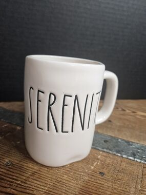 Rae Dunn White Ceramic "SERENITY" Mug with Black Lettering